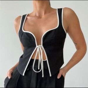 Black Tie-Front Bustier Top with White Piping